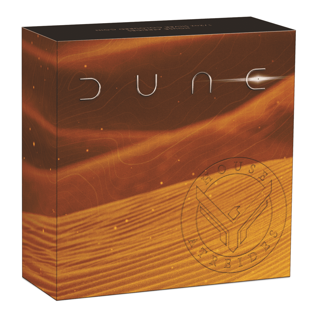 Outer presentation box for the Dune coin, desert-toned with the Dune wordmark and embossed House Atreides crest