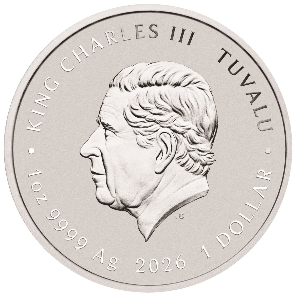 1 oz silver coin obverse, King Charles III portrait with Tuvalu, 1oz 9999 Ag, 2026, and 1 Dollar legends