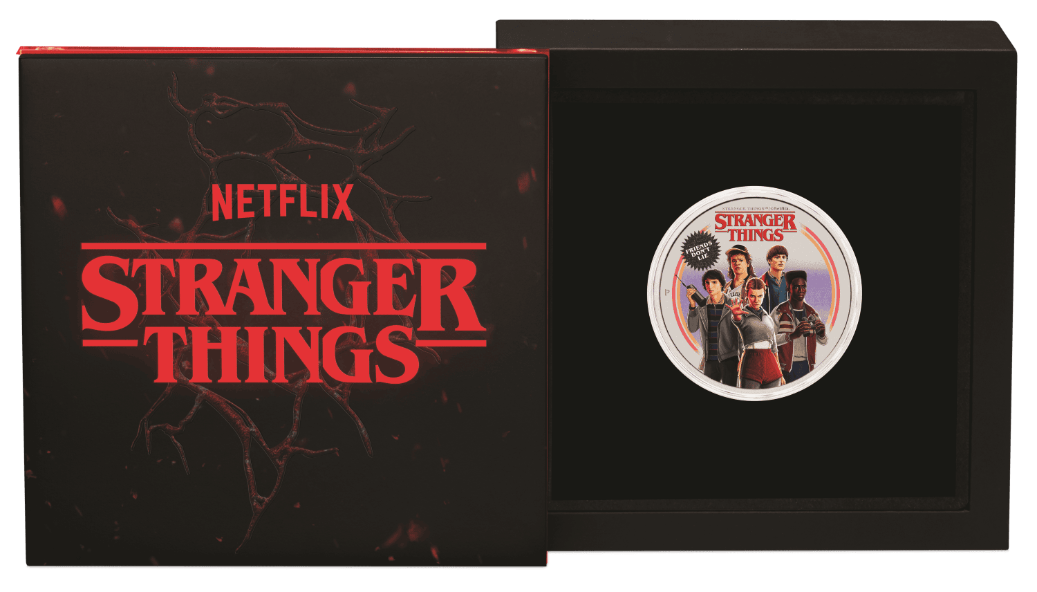 Open Stranger Things coin box, lid printed with the Netflix logo beside the coin in its display window