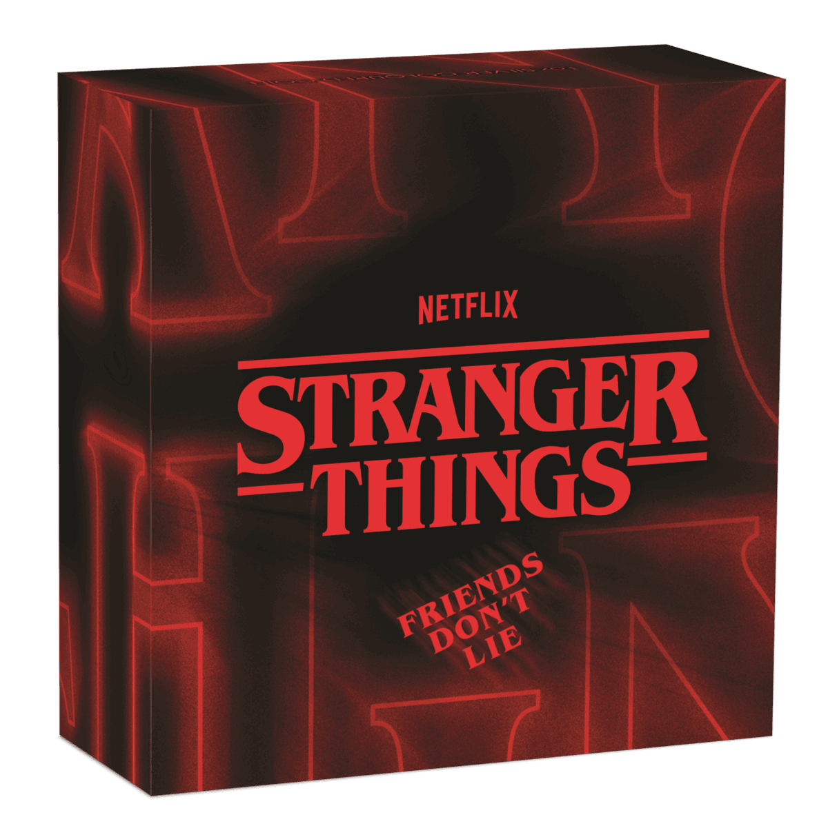 Closed Stranger Things coin presentation box, red and black themed with Netflix and Friends Don't Lie branding