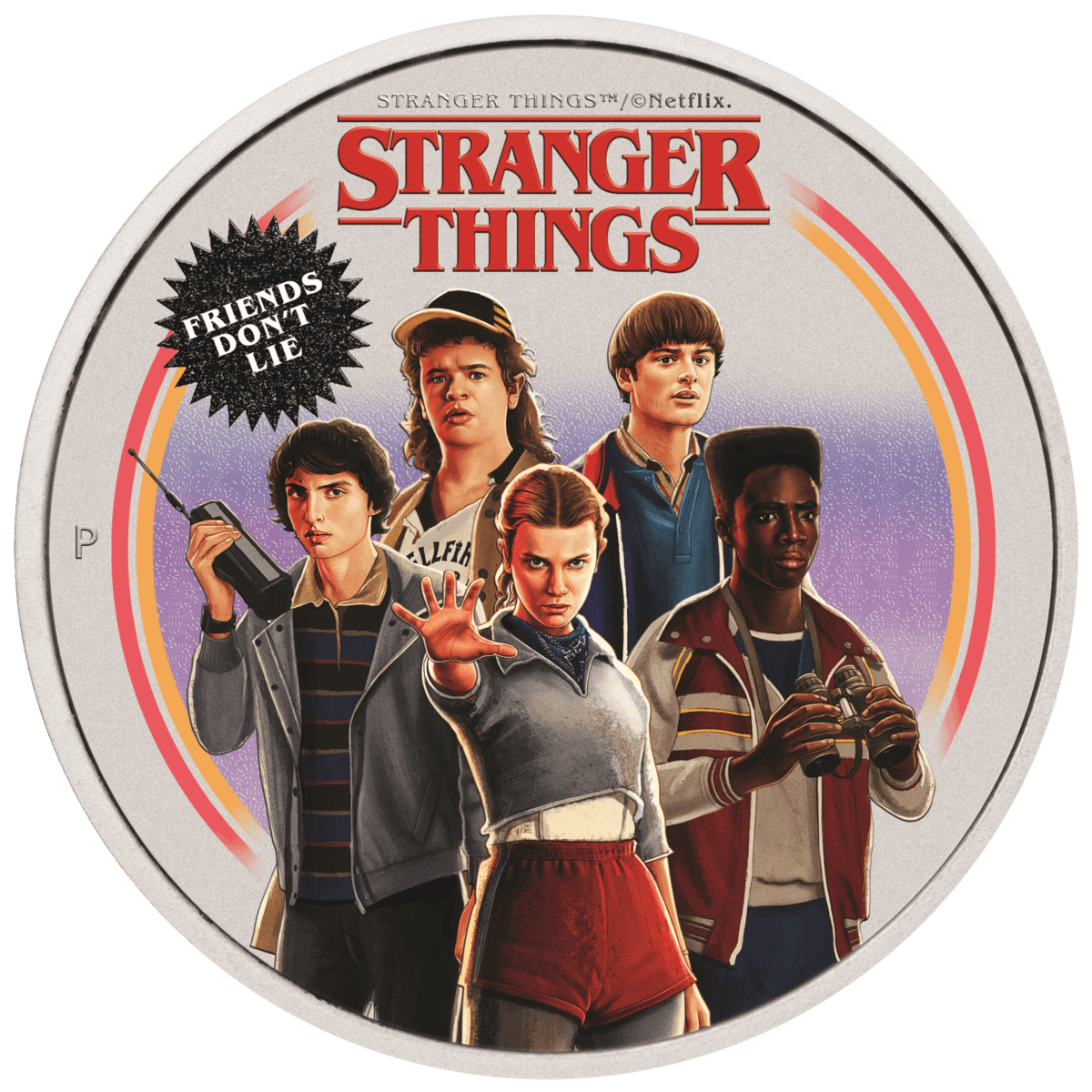 1 oz silver coin reverse, colorized artwork of the five Stranger Things leads under a black Friends Don't Lie badge