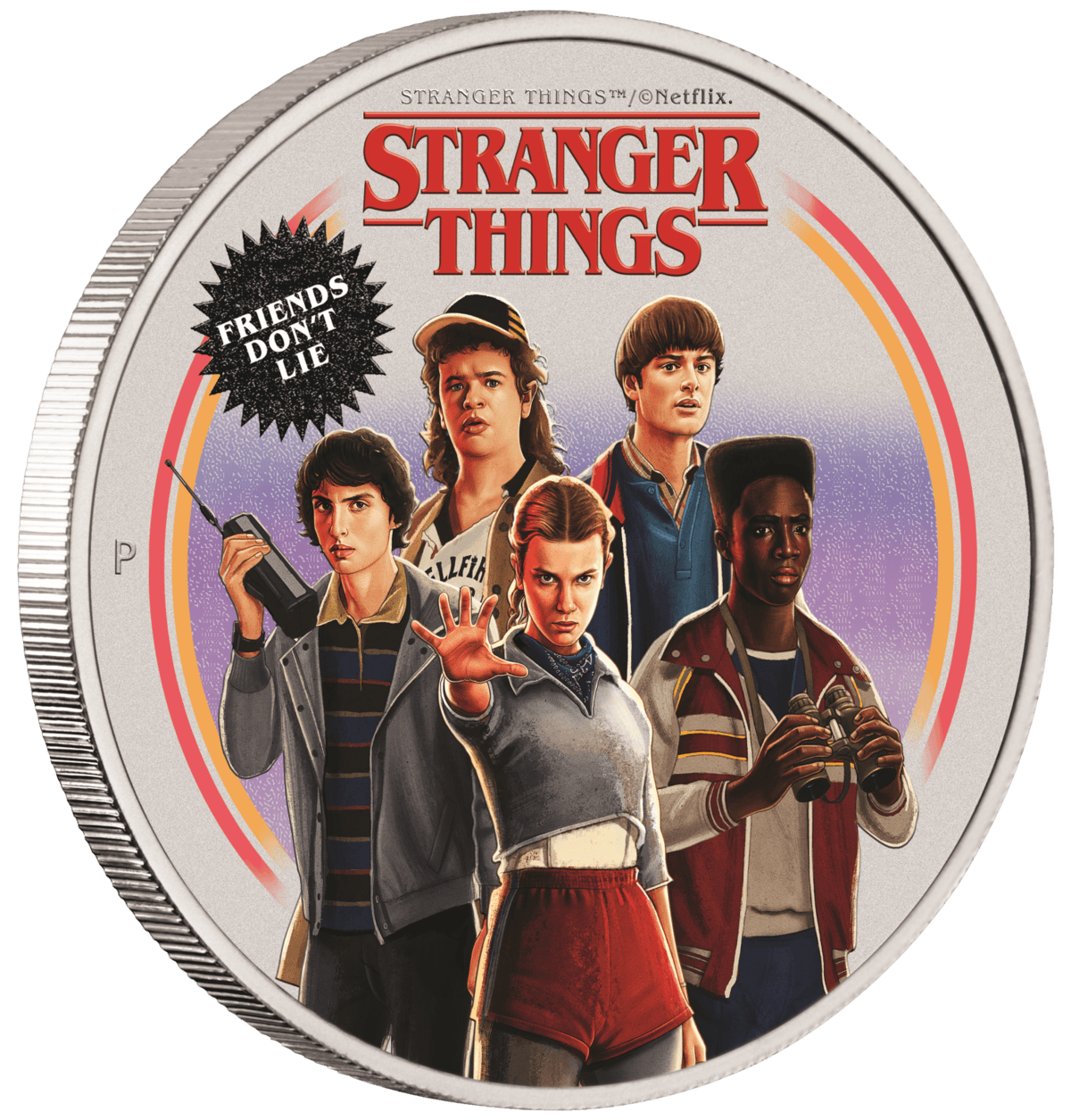 Angled view of the Stranger Things 1 oz silver coin showing its reeded edge and colorized design face
