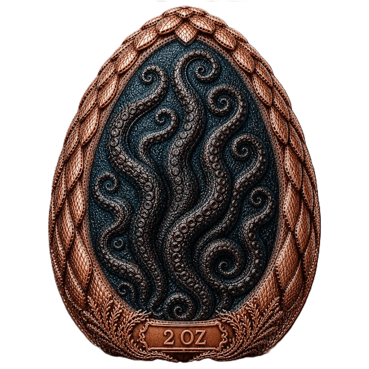 Underwater Kraken Egg 2 Oz Copper High Relief Dome Shaped Medal with octopus tentacles.