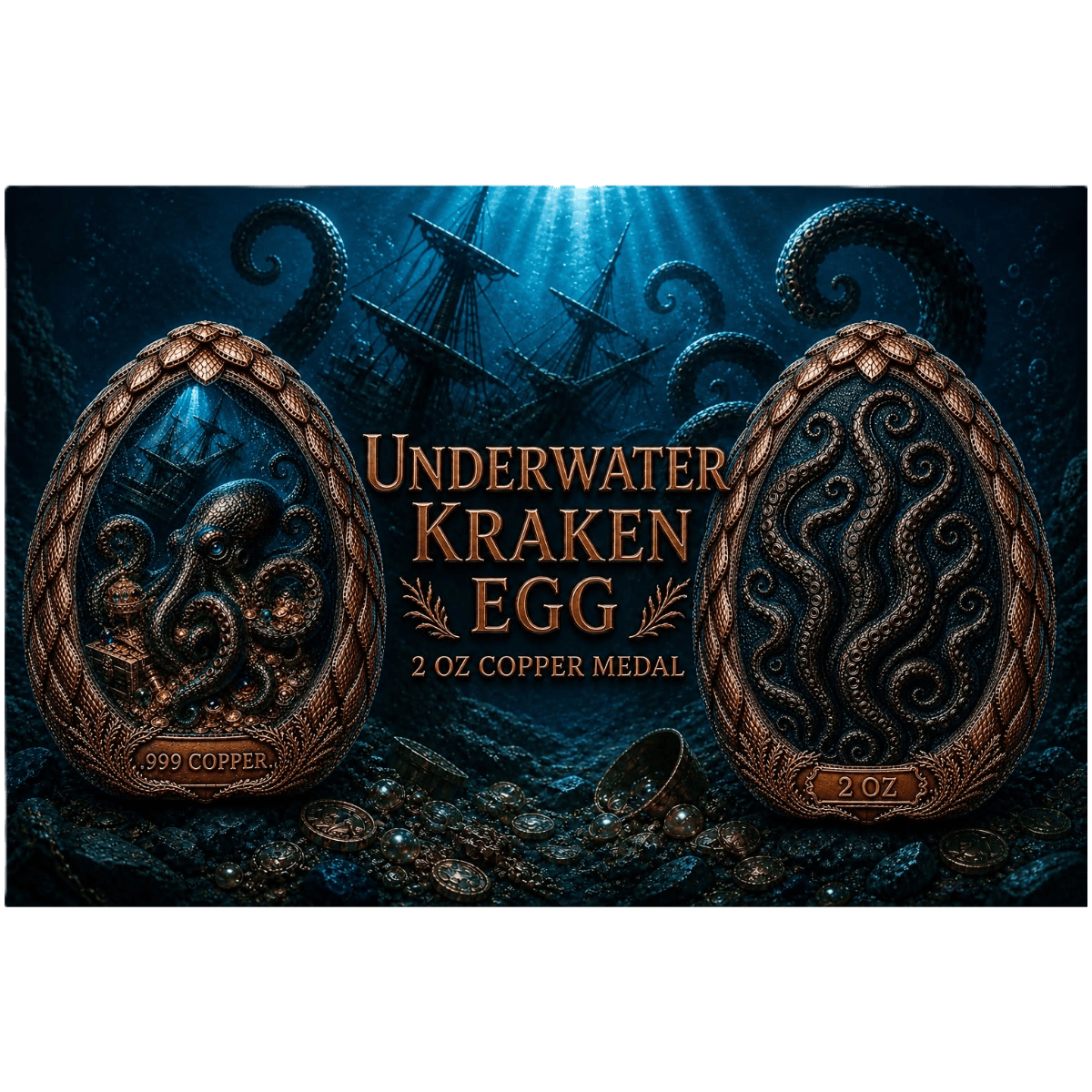 Underwater Kraken Egg 2 Oz Copper High Relief Dome Shaped Medal GR Reserve Back.