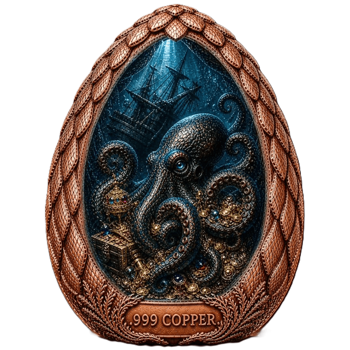 Niue Darkest Hour 2 oz Silver Antiqued High Relief Coin with Kraken and ship design.