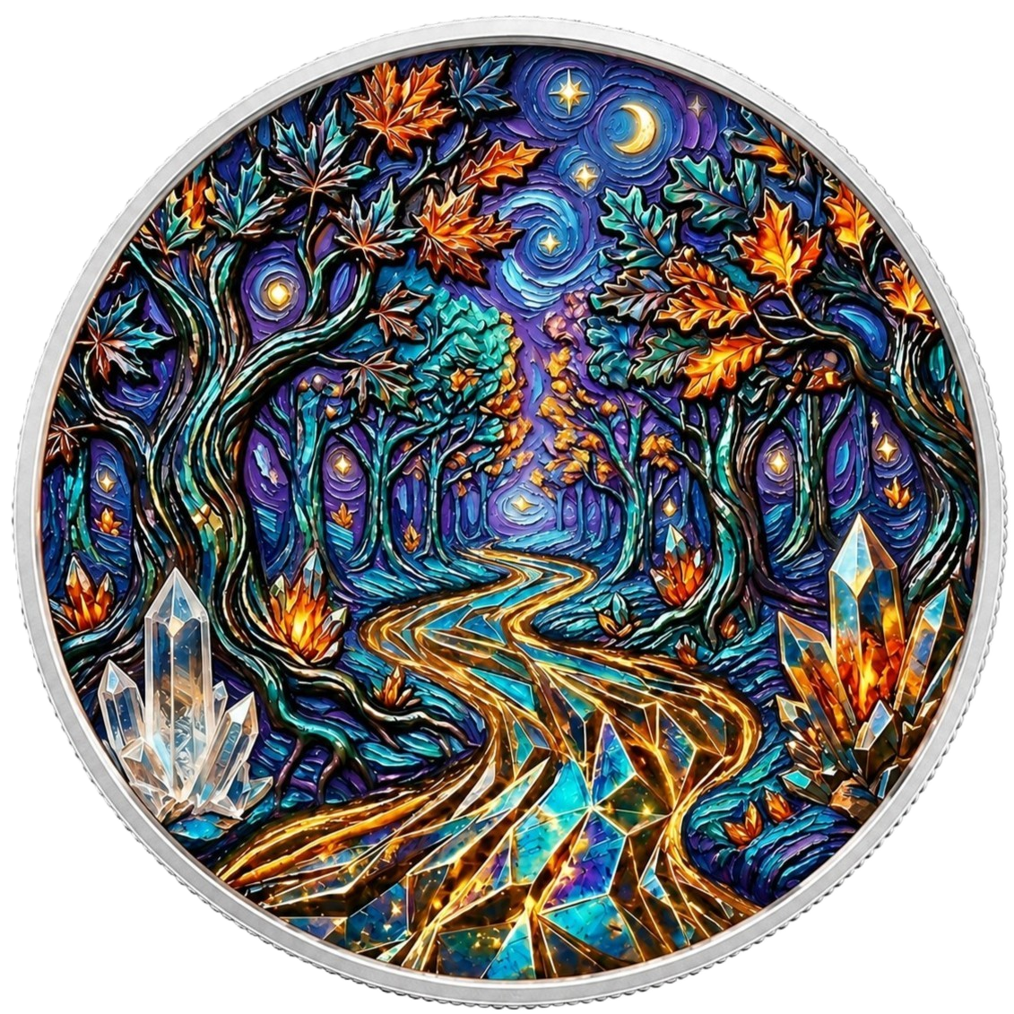 Colorful fantasy forest scene on a coin with trees and crystals.