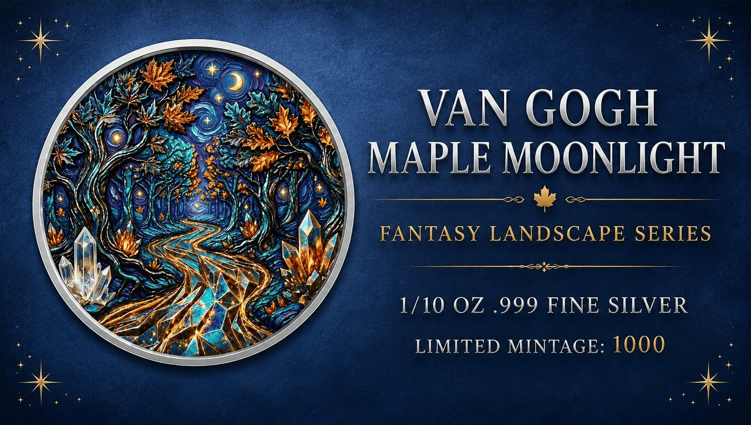 2026 United States Van Gogh Maple Moonlight 110 oz Silver Colorized Coin GR Reserve Back.