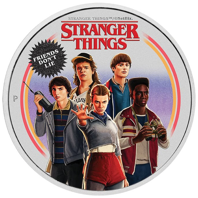 Stranger Things Friends Don't Lie 2026 silver coin with characters.