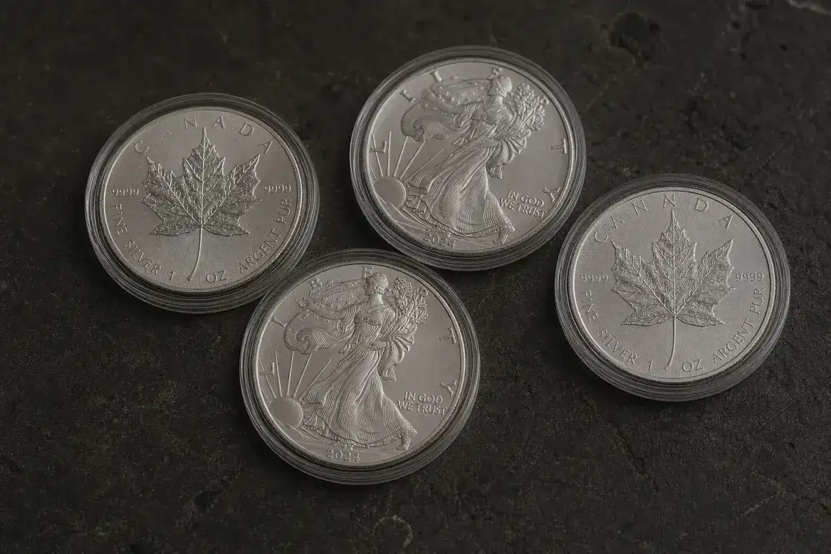 American Silver Eagle and Canadian Maple Leaf coins in protective capsules for bullion buyers