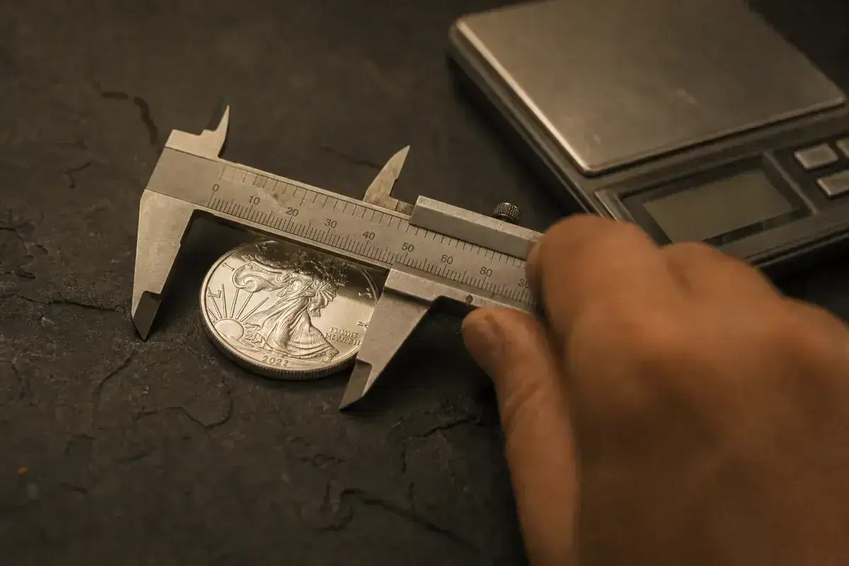 Jeweler's caliper measuring a silver coin to verify bullion authenticity on arrival