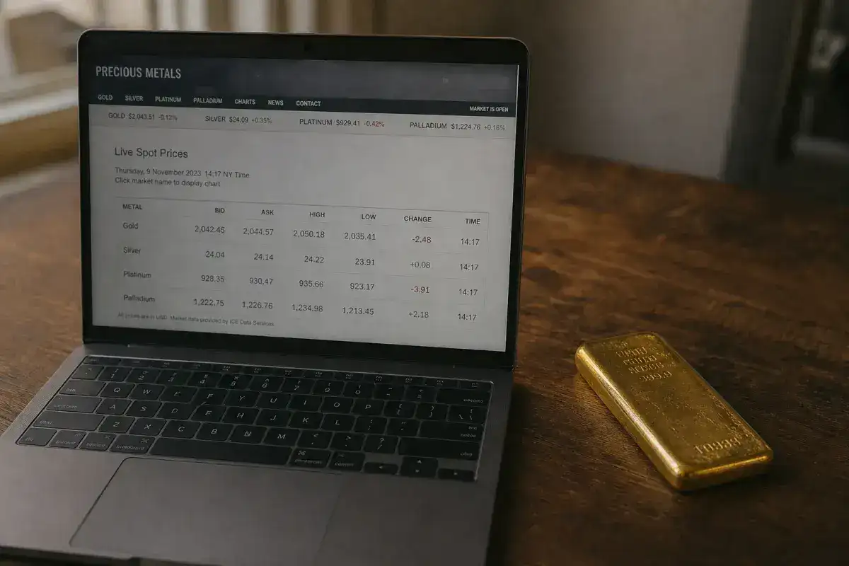 Laptop showing bullion dealer spot price ticker beside a physical gold bar for online purchase comparison