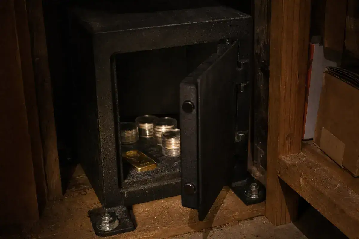 Home floor safe with stacked silver coins and gold bar — bullion storage for precious metals investors