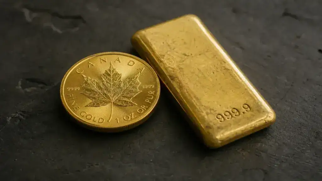 Gold Maple Leaf coin and 999.9 gold bar on dark slate — how to buy bullion safely