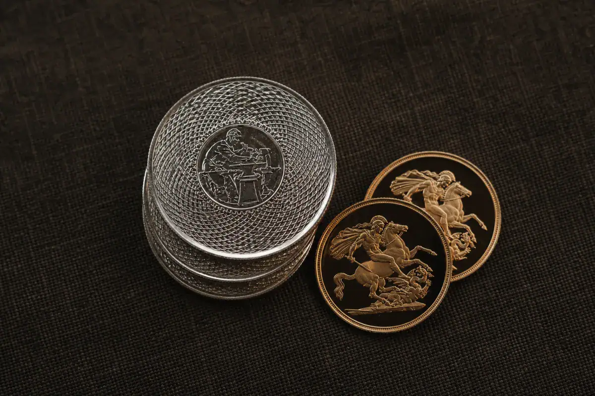 Silver bullion rounds stacked beside sovereign coins in flat-lay comparing private mint and government mint products