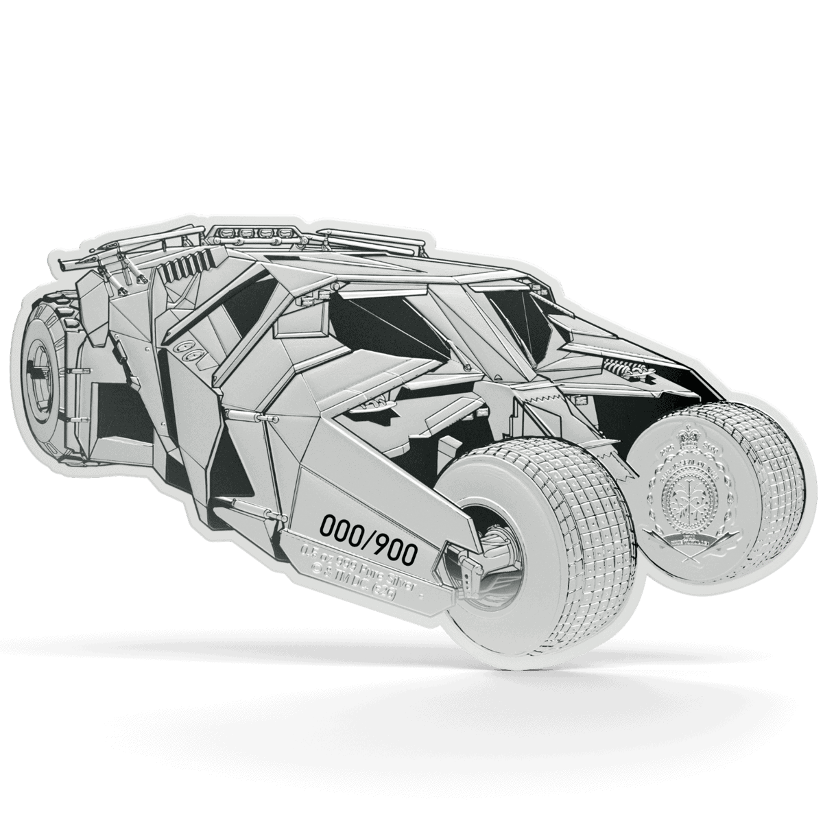 Batman Tumbler shaped coin reverse, uncolored silver finish with mintage number