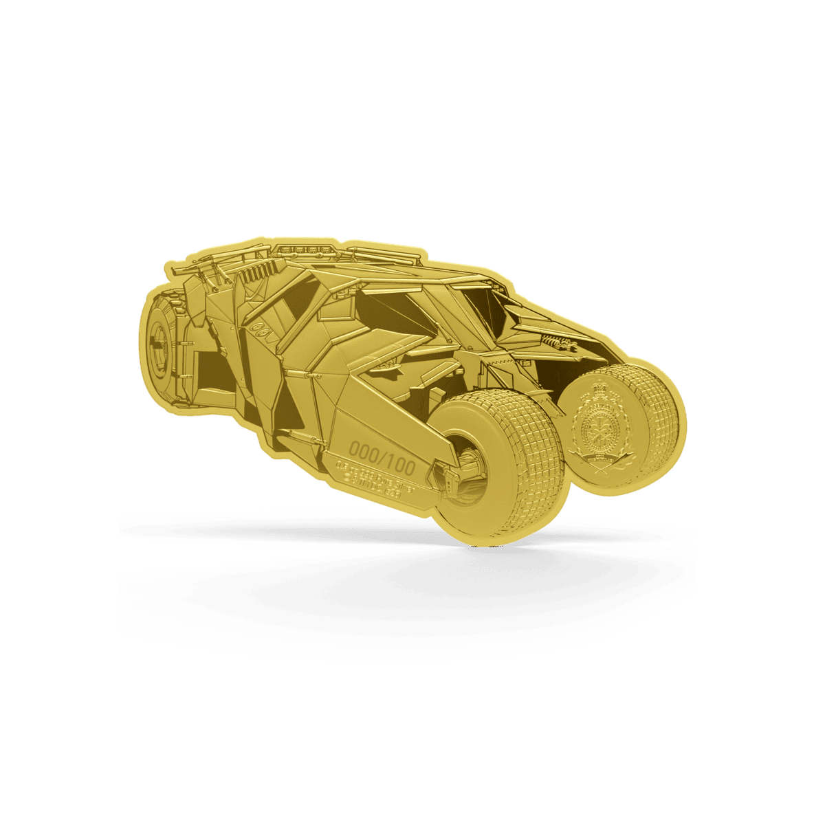 Batman Tumbler shaped coin reverse, gold-tone variant with mintage number