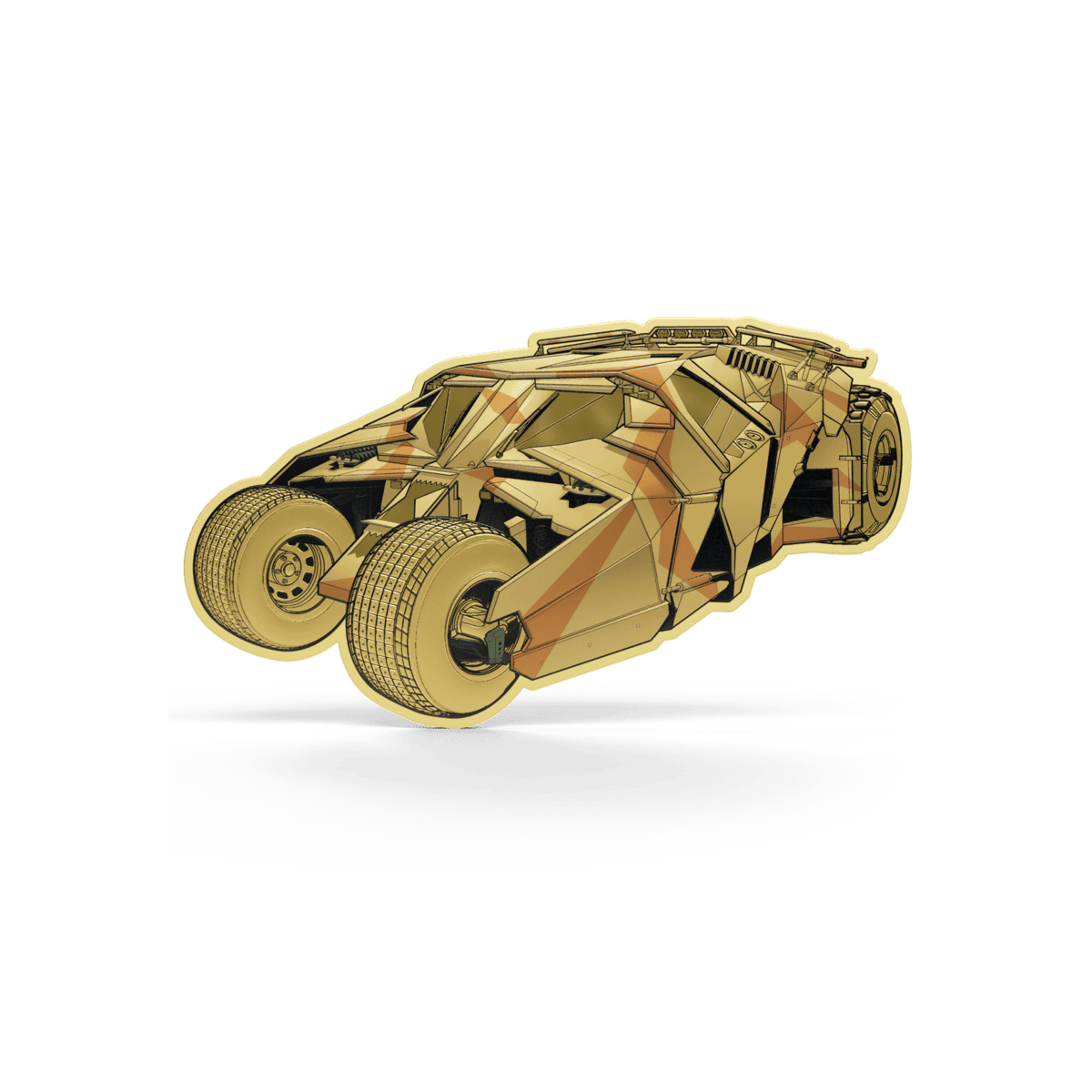 Batman Tumbler shaped coin, gold-tone variant, front angled view