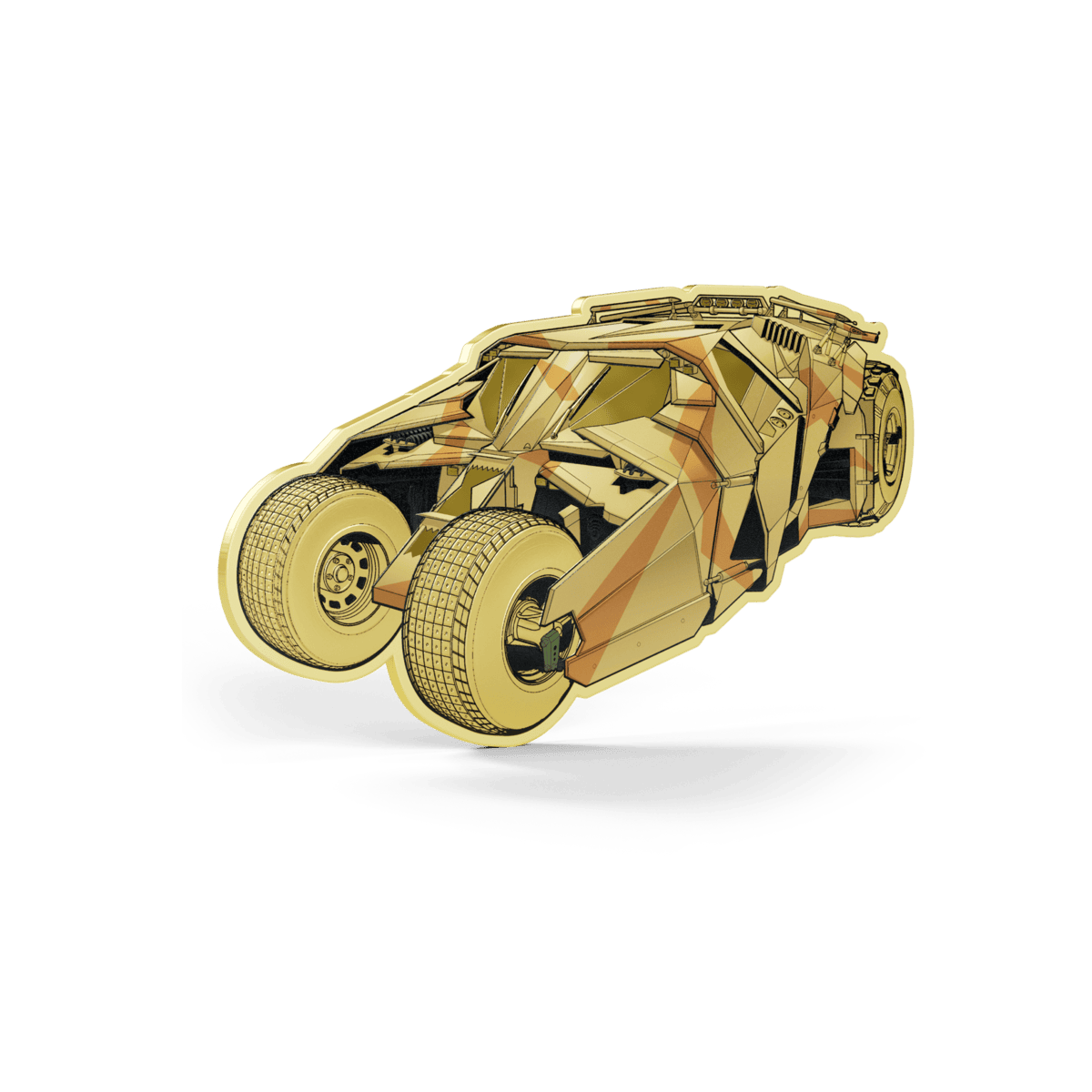 Batman Tumbler shaped coin, gold-tone variant, left side angled view