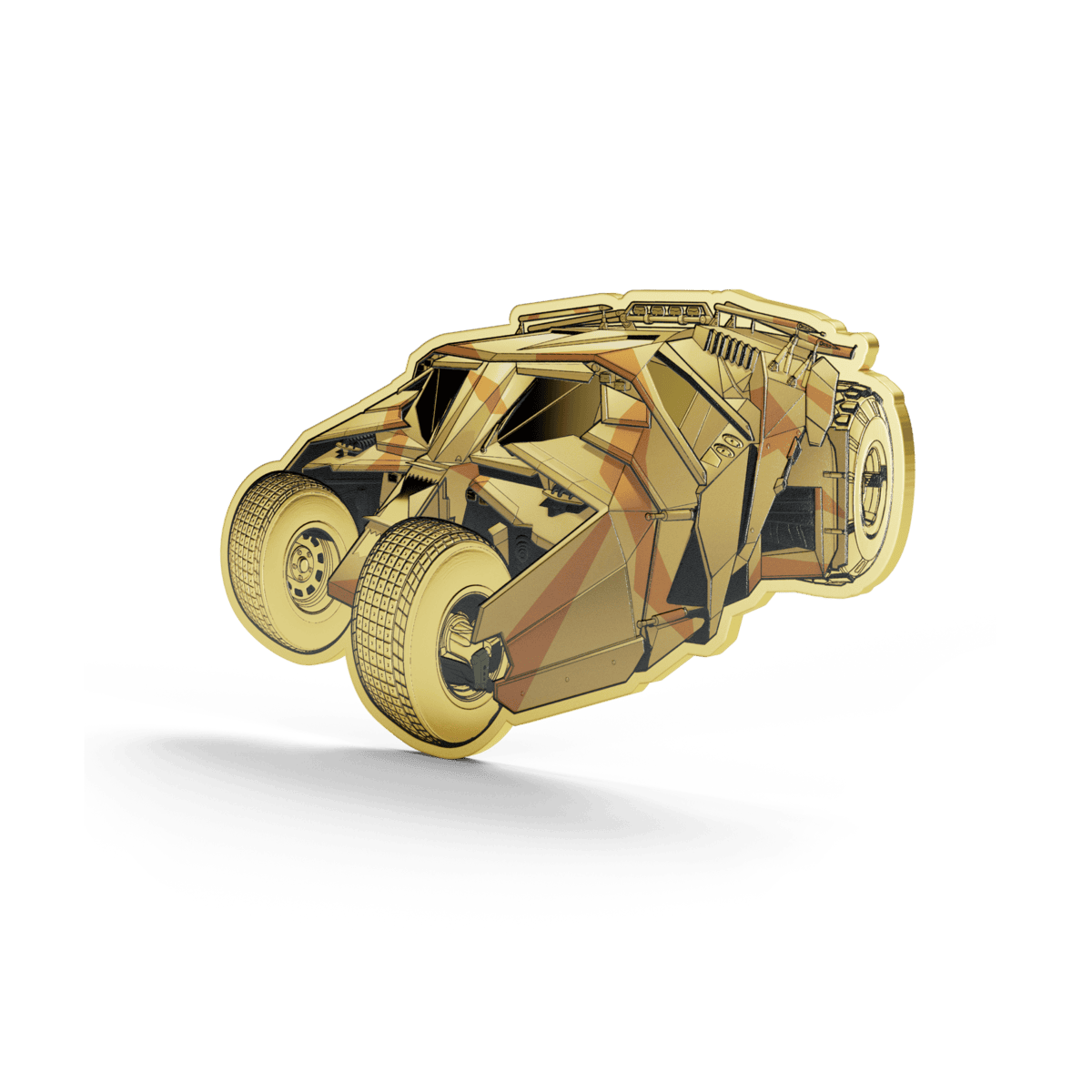 Batman Tumbler shaped coin, gold-tone variant, right side angled view