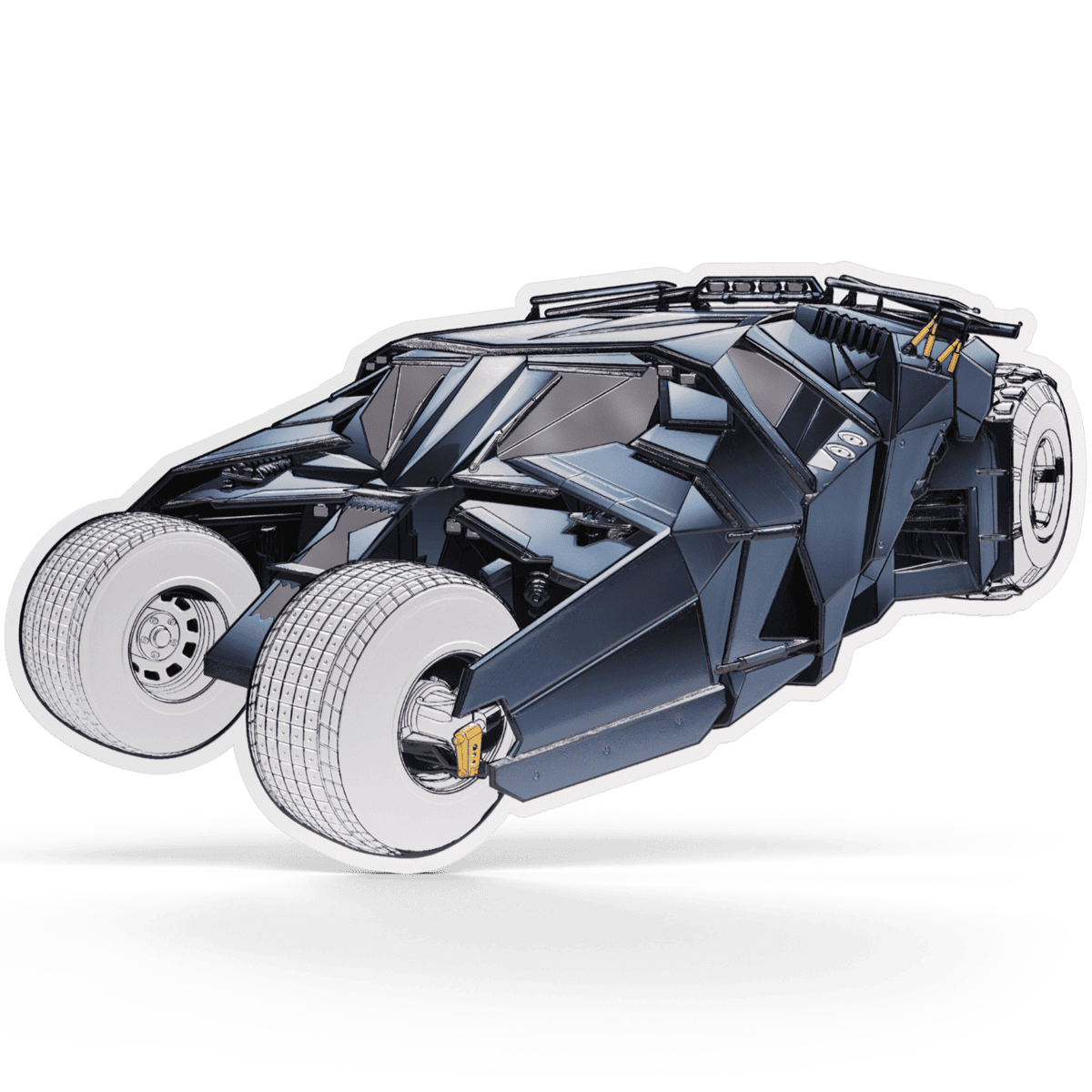 Batman Tumbler shaped silver coin, front angled view, dark colorized finish