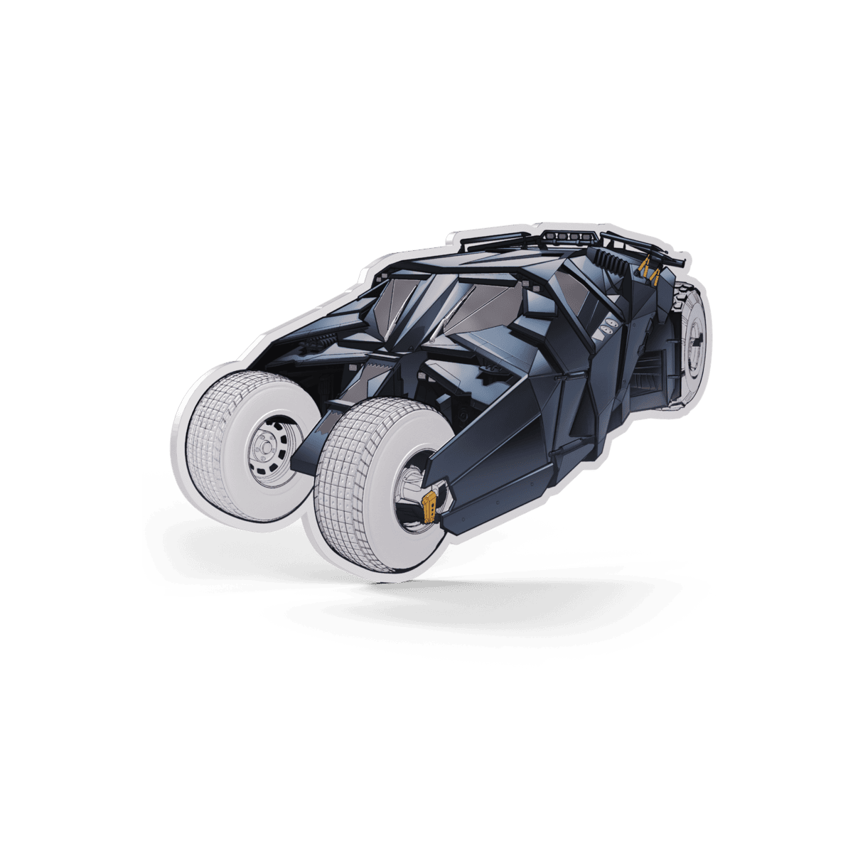 Batman Tumbler shaped coin, left side angled view, dark colorized finish