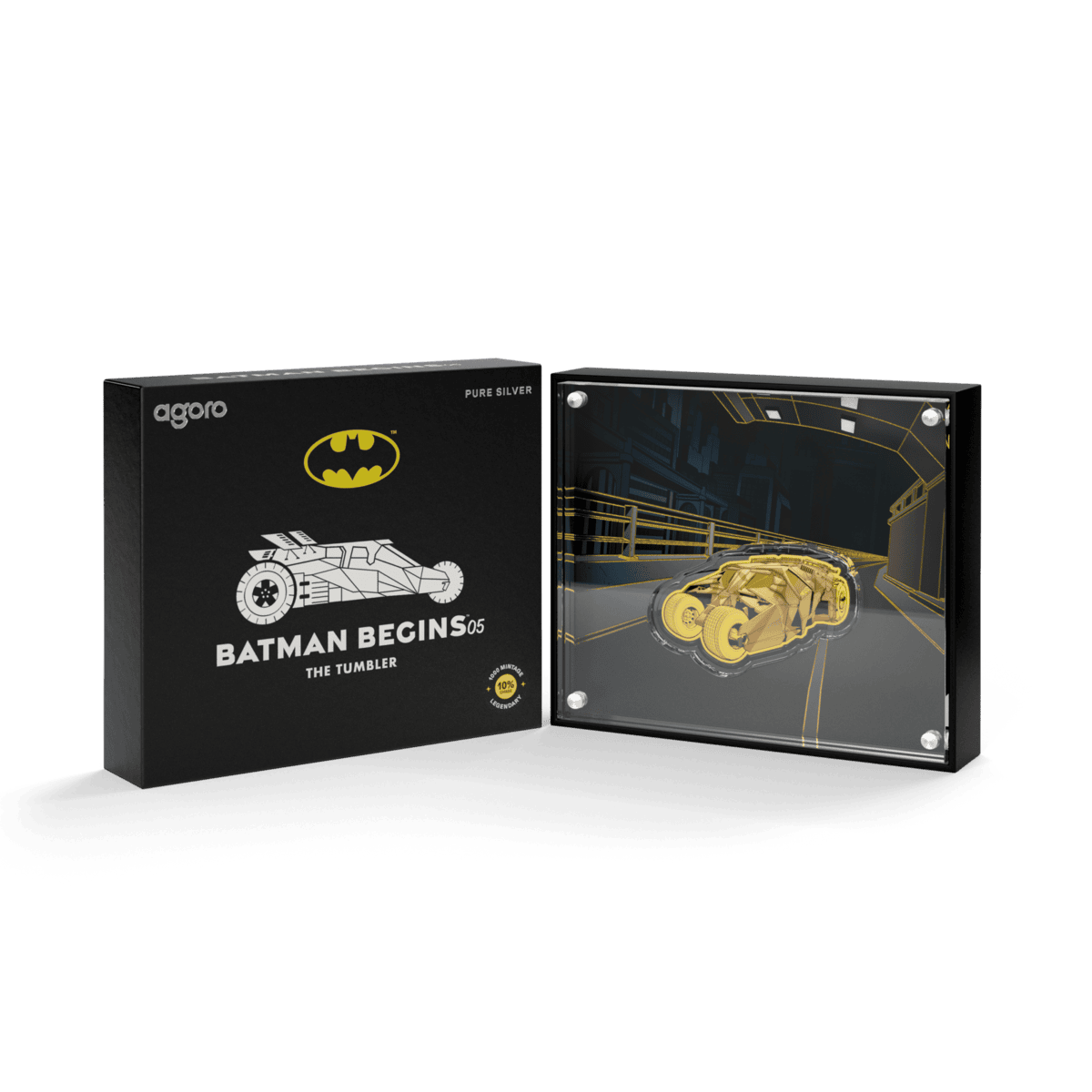 Batman Begins Tumbler coin packaging box beside open case with gold-tone coin