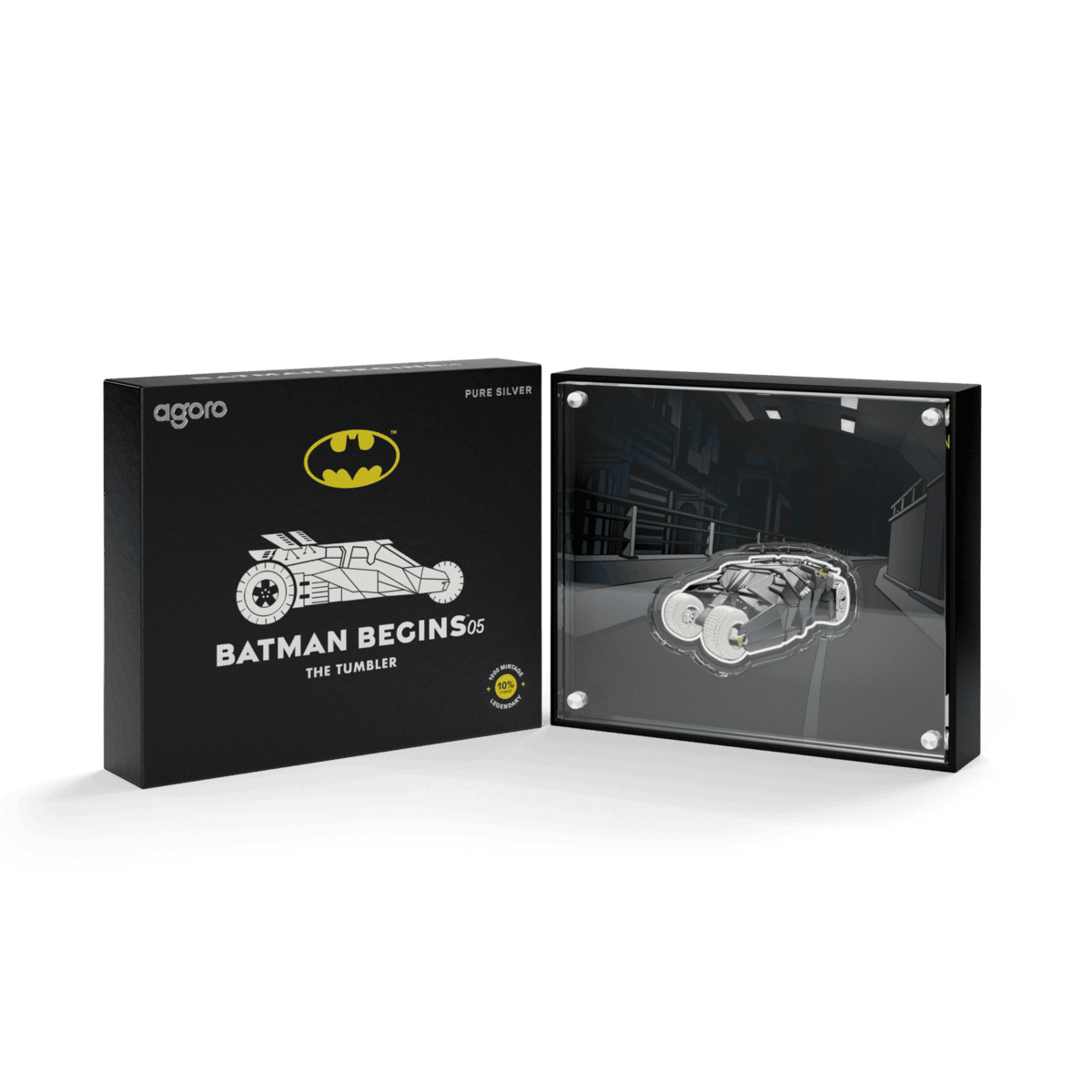 Batman Begins Tumbler coin packaging box beside open acrylic display case