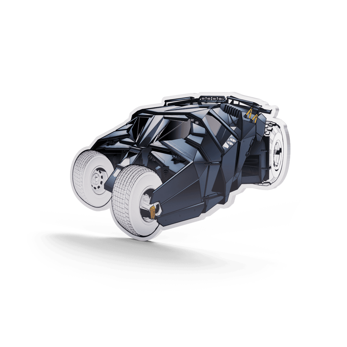 Batman Tumbler shaped coin, right side angled view, dark colorized finish