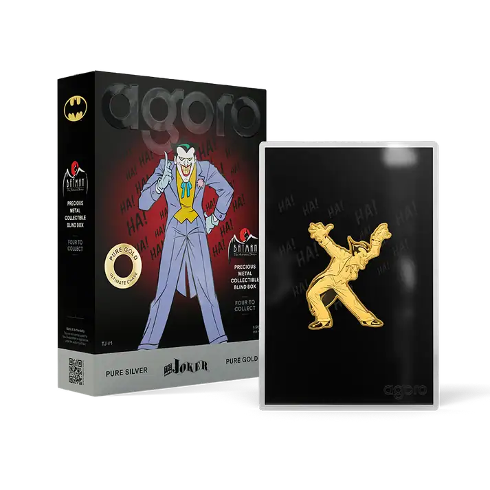 Batman The Animated Series Joker blind box beside a gold-colored shaped Joker collectible, arms flung wide