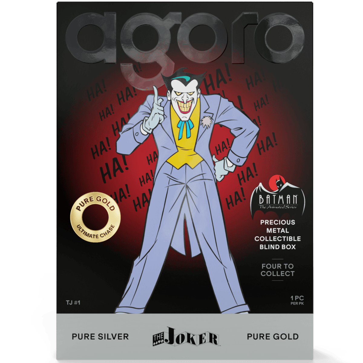 2026 Agoro Batman The Animated Series Joker blind box, front with the Joker grinning in a purple suit