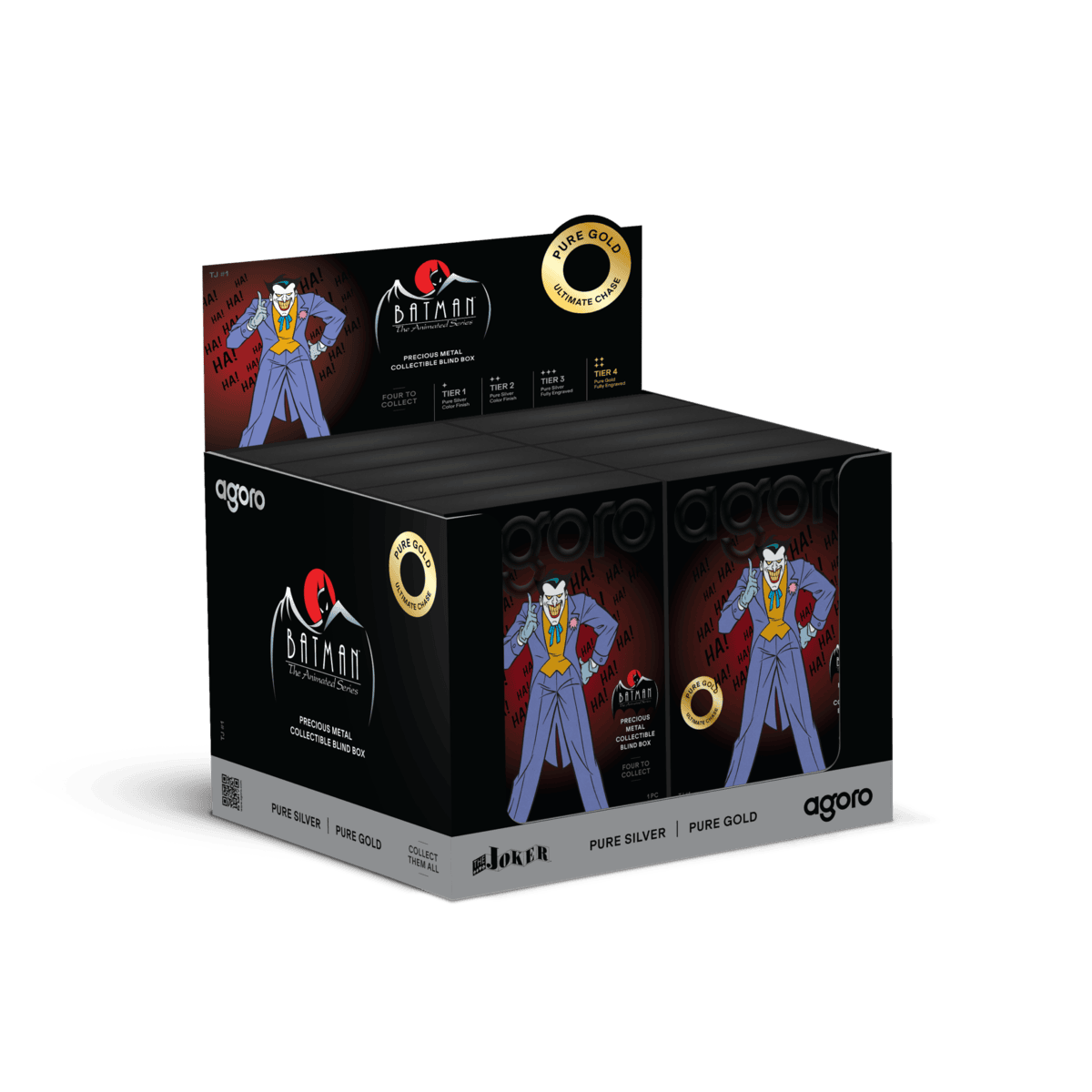 Batman The Animated Series Joker blind box display case, header card with the Joker and tier list