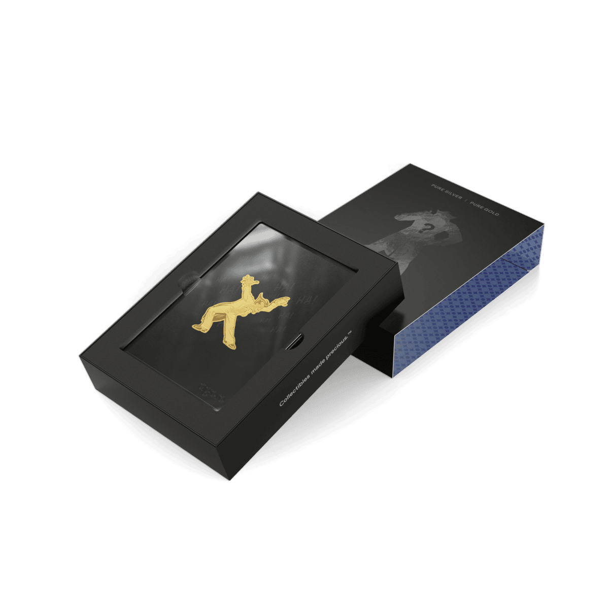 Opened Joker blind box, gold-colored shaped Joker collectible with arms raised in the windowed tray