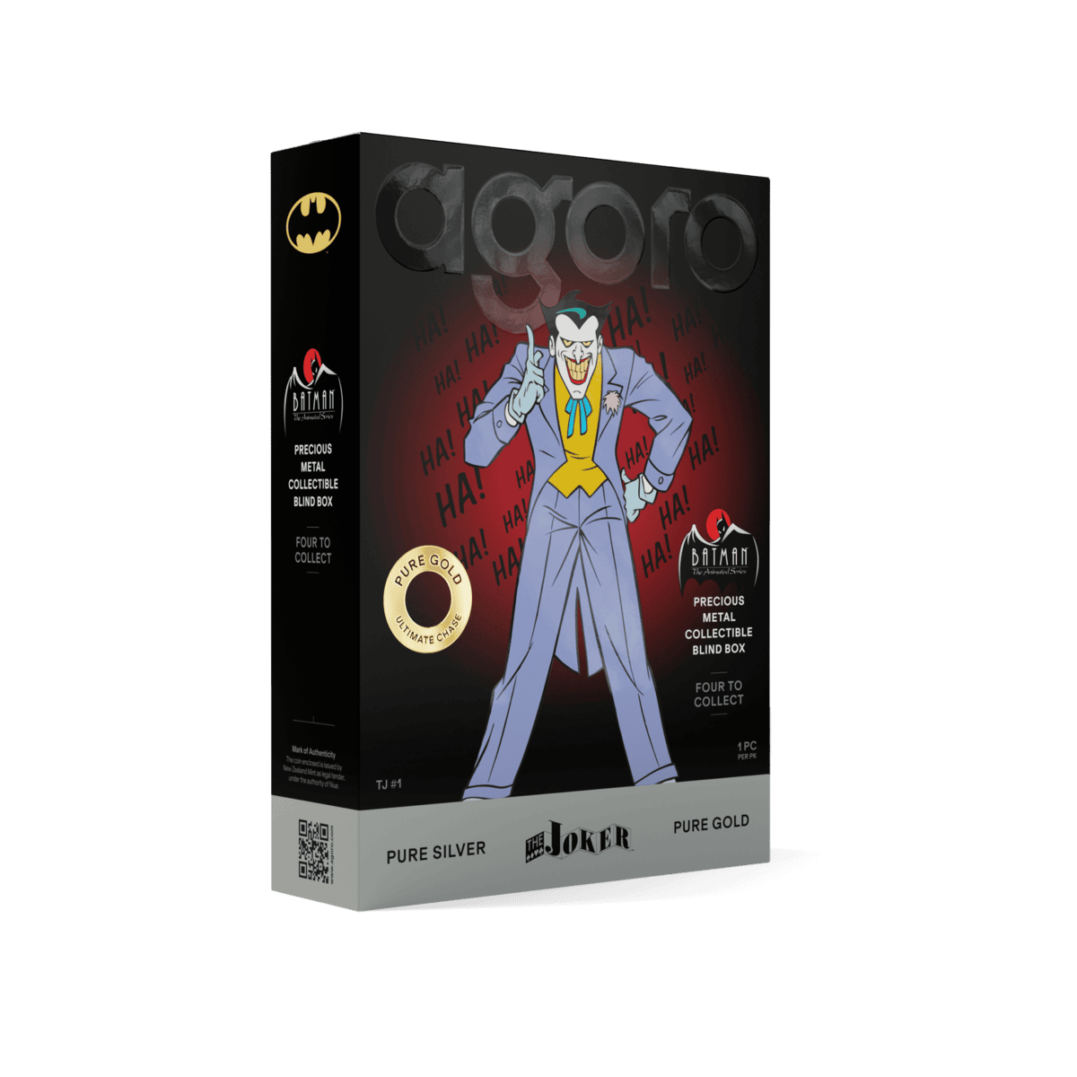 2026 Agoro Batman The Animated Series Joker blind box, angled view with gold bat emblem on side panel