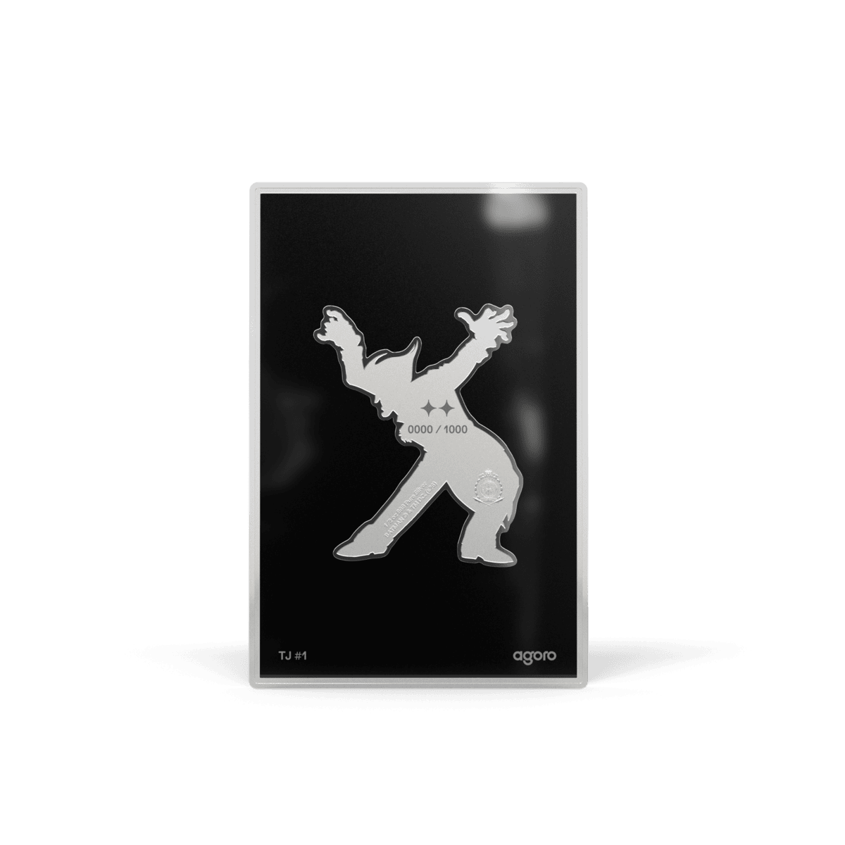 2026 Agoro Joker 1/2 oz shaped silver collectible, flat silhouette of the arms-raised pose with two stars