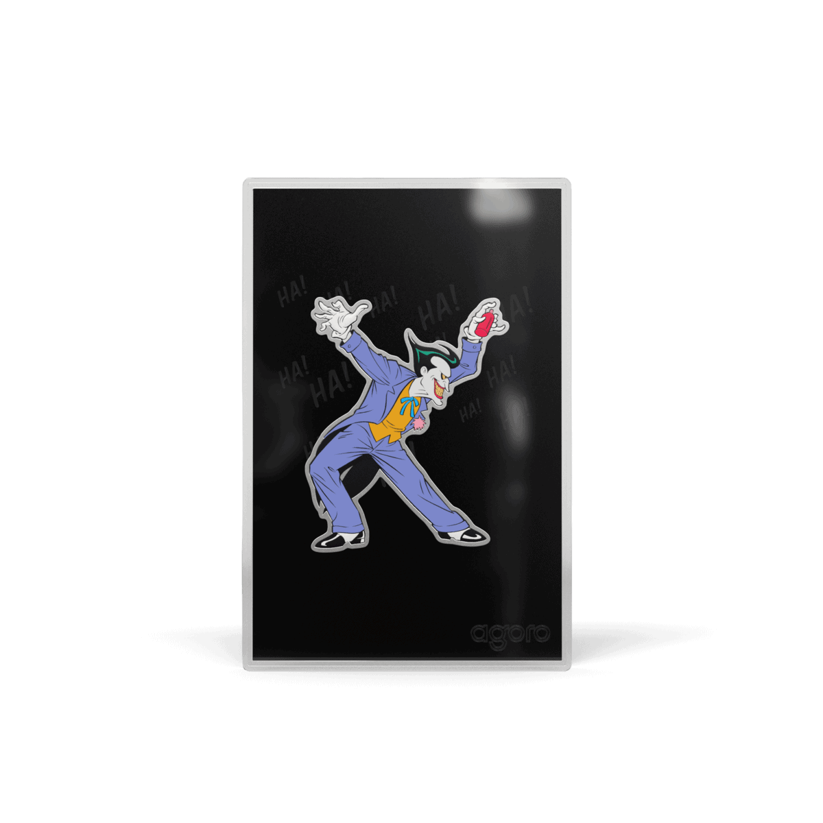 2026 Agoro Joker 1/2 oz shaped silver collectible, colorized Joker leaning back gripping a red object