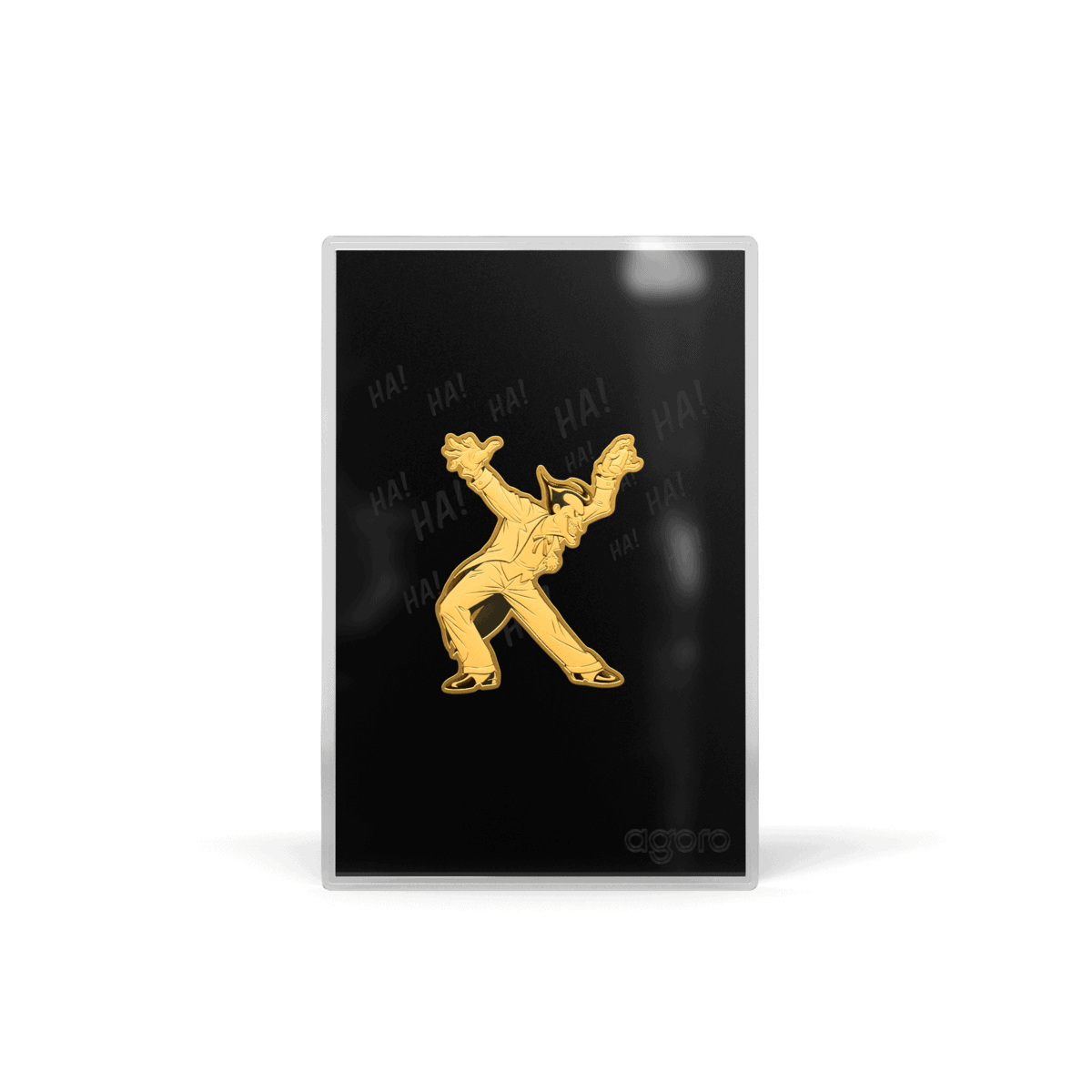2026 Agoro Joker 1/2 oz shaped collectible, gold-colored engraved Joker leaning back with arms flung wide