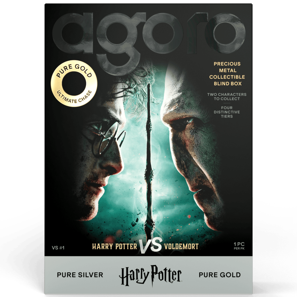 2026 Agoro Harry Potter Vs. Voldemort 5g silver foil blind box, front with the two faces split by a wand