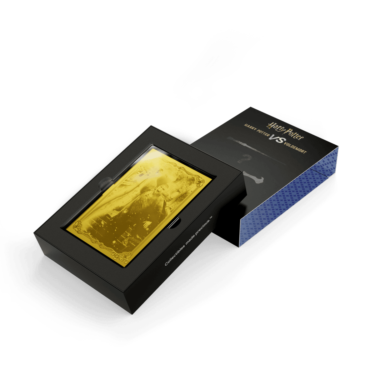 Harry Potter Vs. Voldemort blind box opened, gold-colored foil with an engraved robed figure in the tray