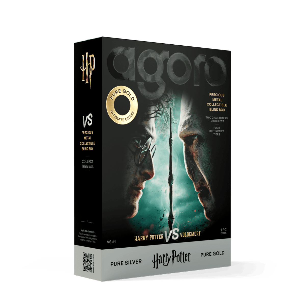 2026 Agoro Harry Potter Vs. Voldemort blind box, angled view with HP monogram and VS on the side panel
