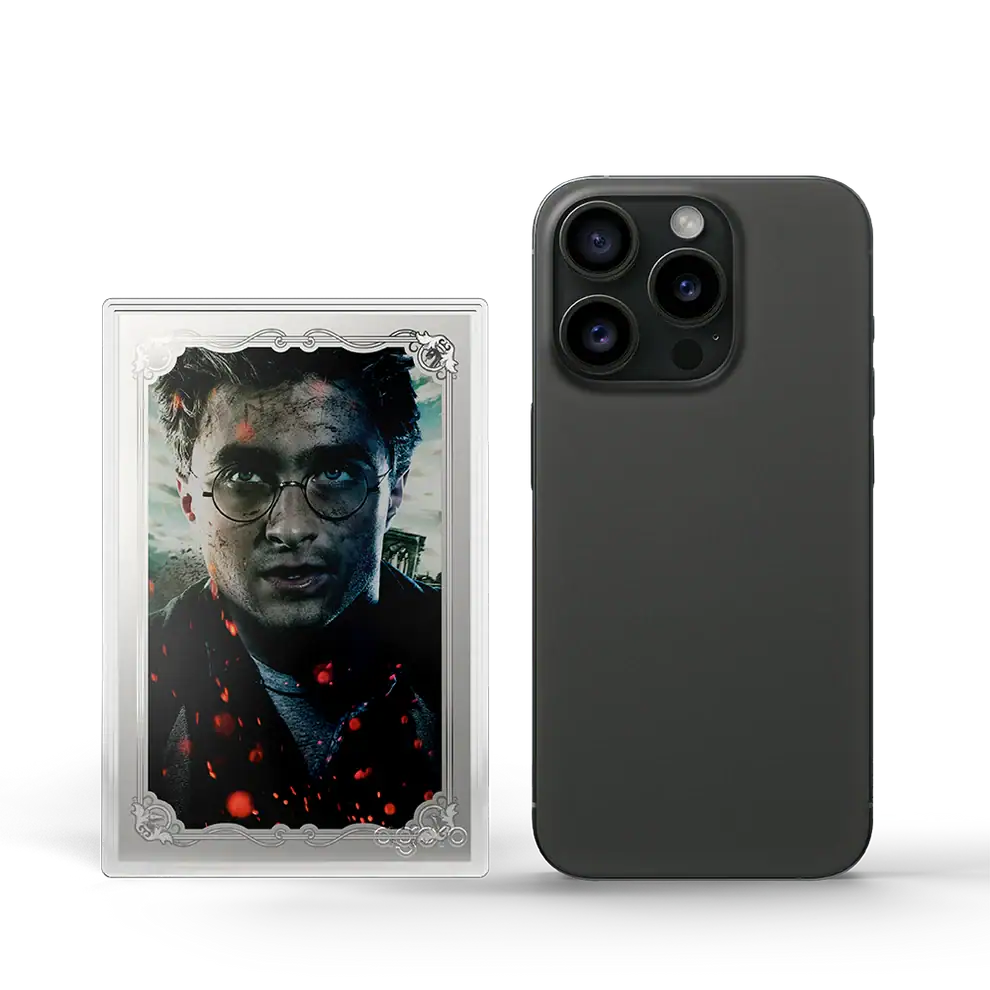 2026 Agoro Harry Potter Vs. Voldemort 5g silver foil, colorized Harry Potter portrait beside a smartphone