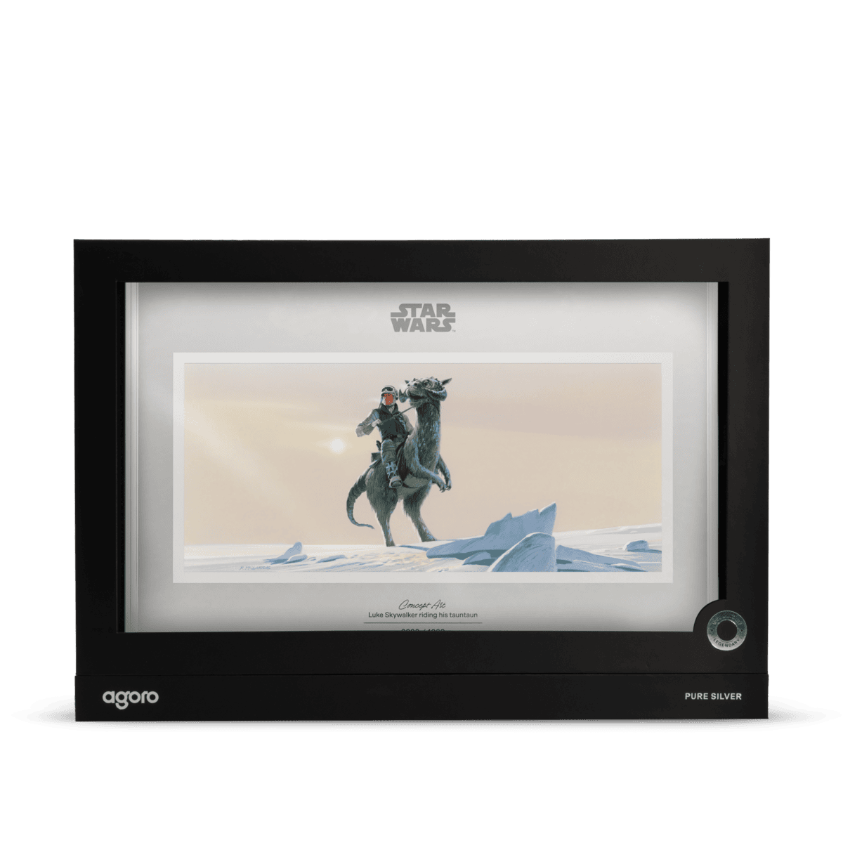 2026 Agoro Star Wars 20g silver foil box, front with window framing the Luke Skywalker tauntaun artwork
