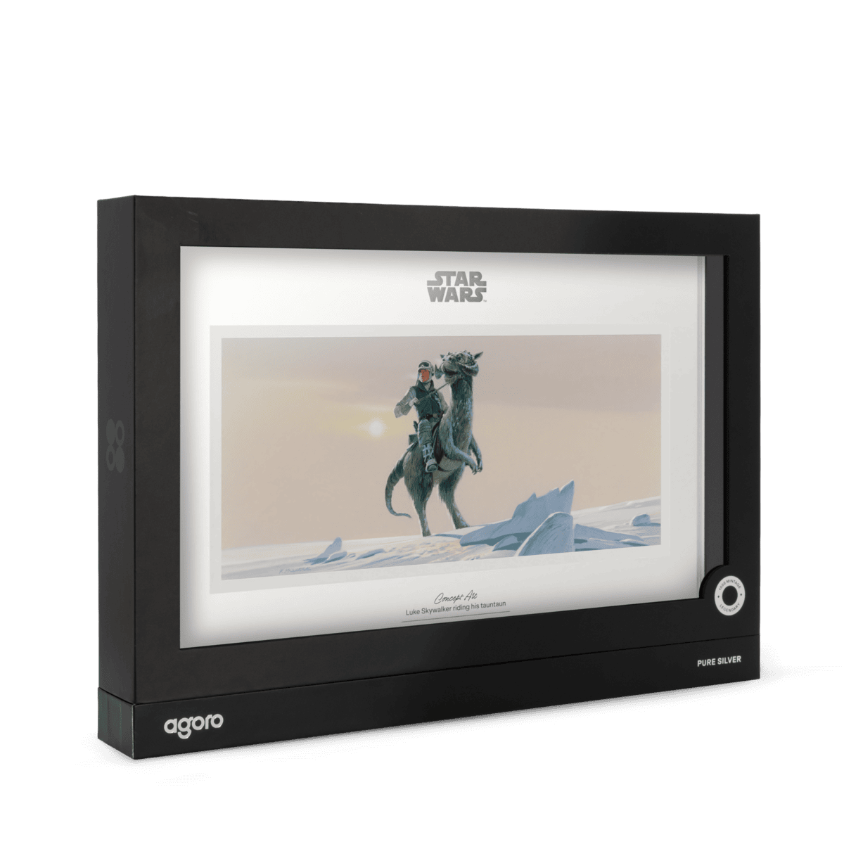 2026 Agoro Star Wars 20g silver foil box, angled view, window framing the tauntaun rider on snow