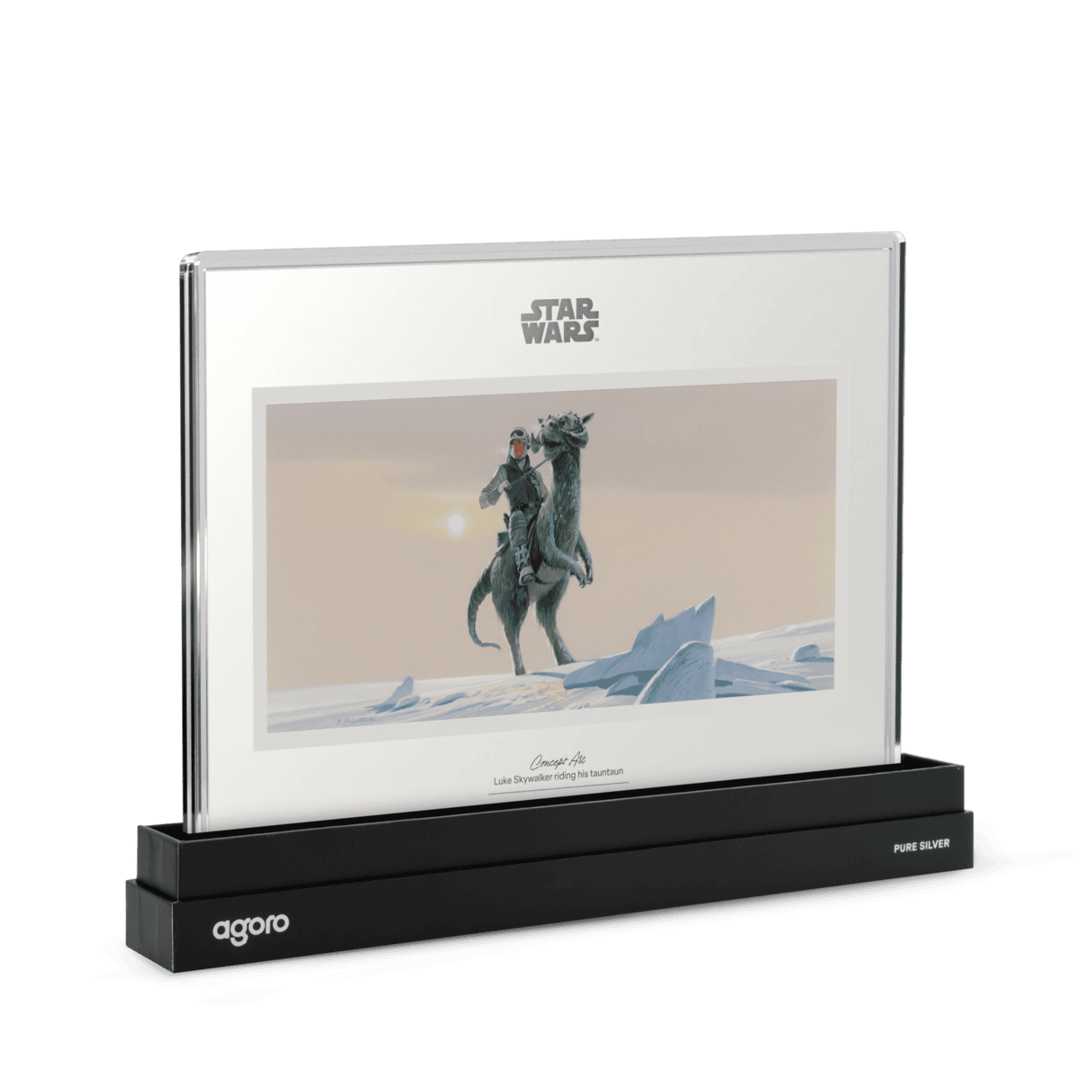 2026 Agoro Star Wars 20g silver foil in its black agoro base, angled view, Luke Skywalker on a tauntaun
