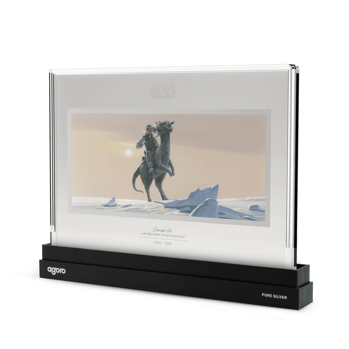 2026 Agoro Star Wars 20g silver foil in its agoro base, angled from the right, tauntaun rider on snow