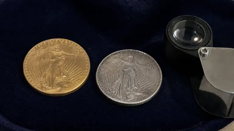 Gold and silver bullion coins on dark velvet with a jeweler's loupe for fake coin detection