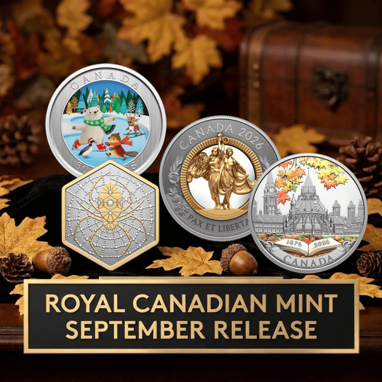 Promotional graphic, four Royal Canadian Mint coins with a skating polar bear, gilded spider and robed figures