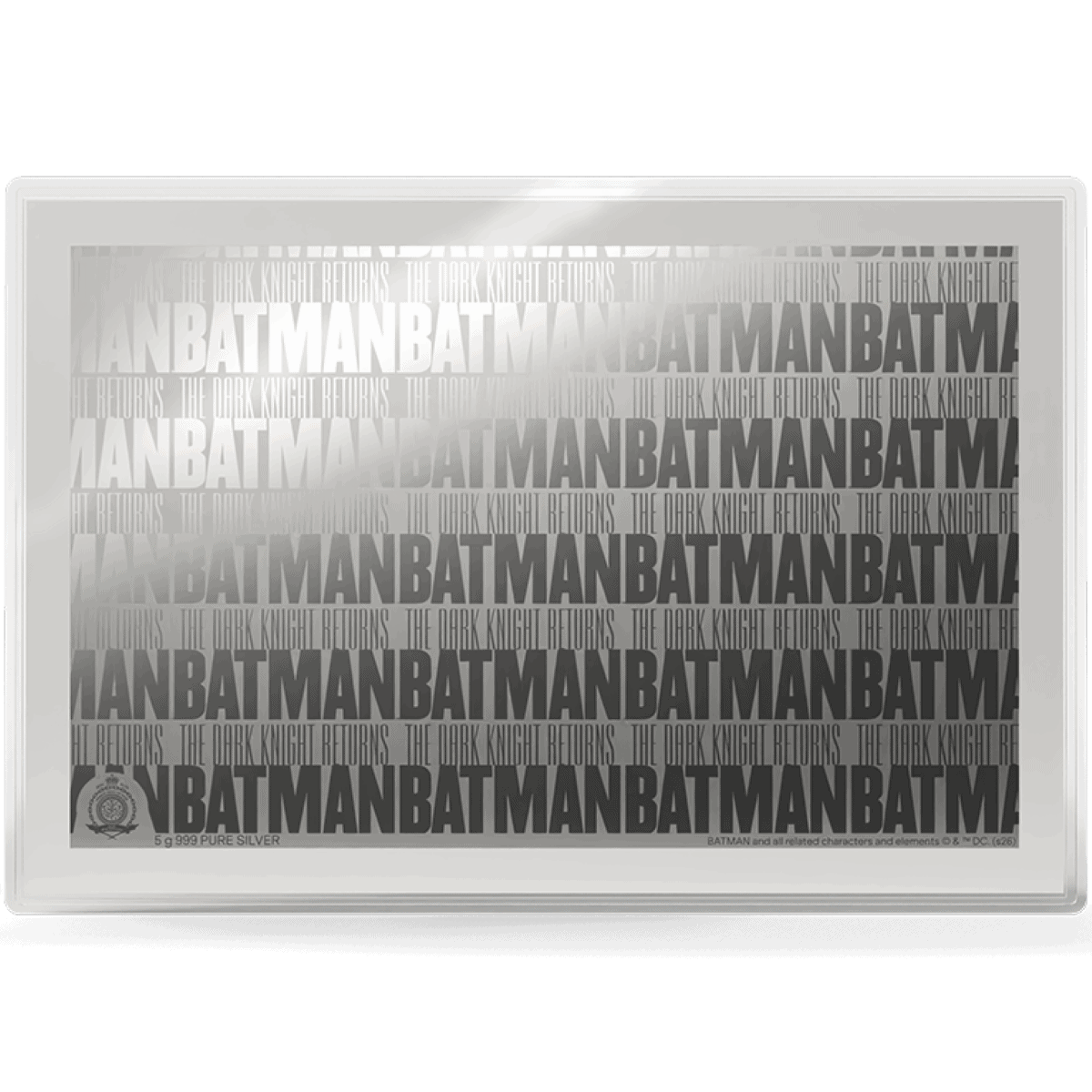 Dark Knight Returns Batman 5g silver foil, repeating BATMAN and THE DARK KNIGHT RETURNS lettering side
