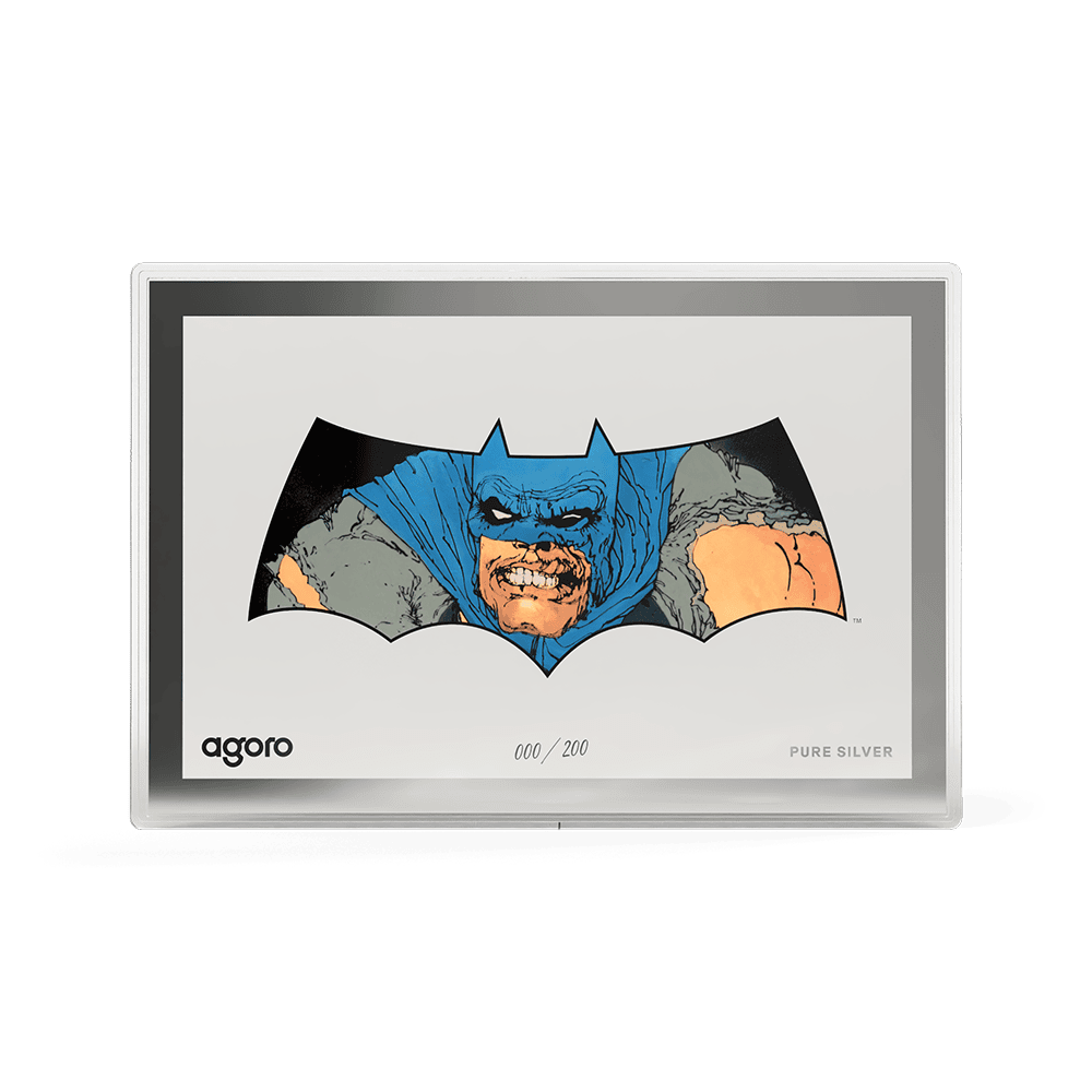 Dark Knight Returns Batman 5g silver foil, colorized Batman in a black bat-emblem outline on a white field