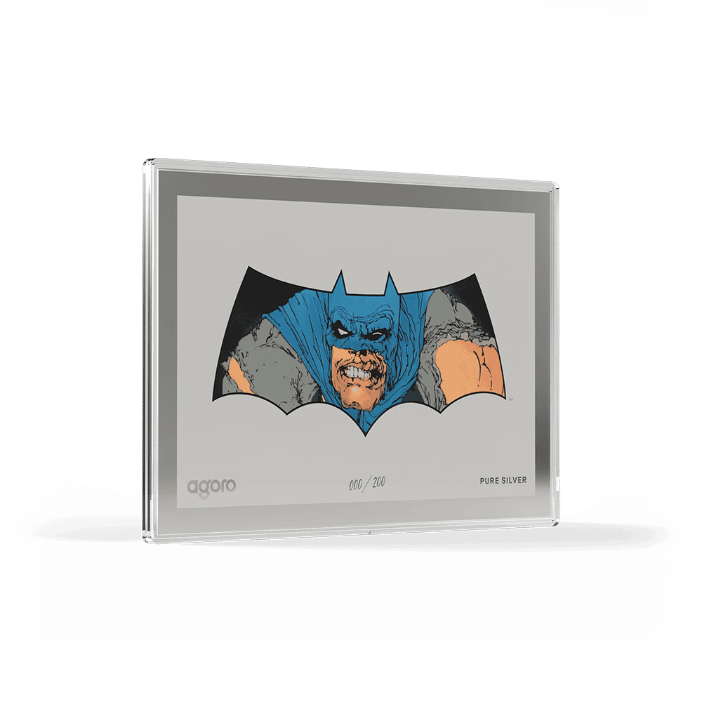 Dark Knight Returns Batman 5g silver foil, angled view of snarling Batman in a bat emblem on a white field