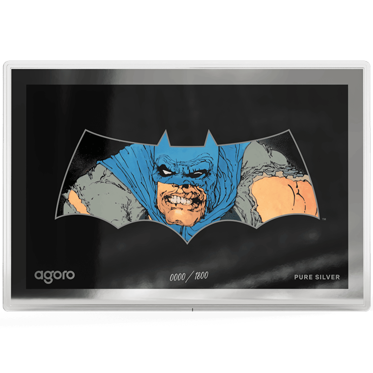 Dark Knight Returns Batman 5g silver foil, colorized snarling Batman framed in a bat-emblem outline